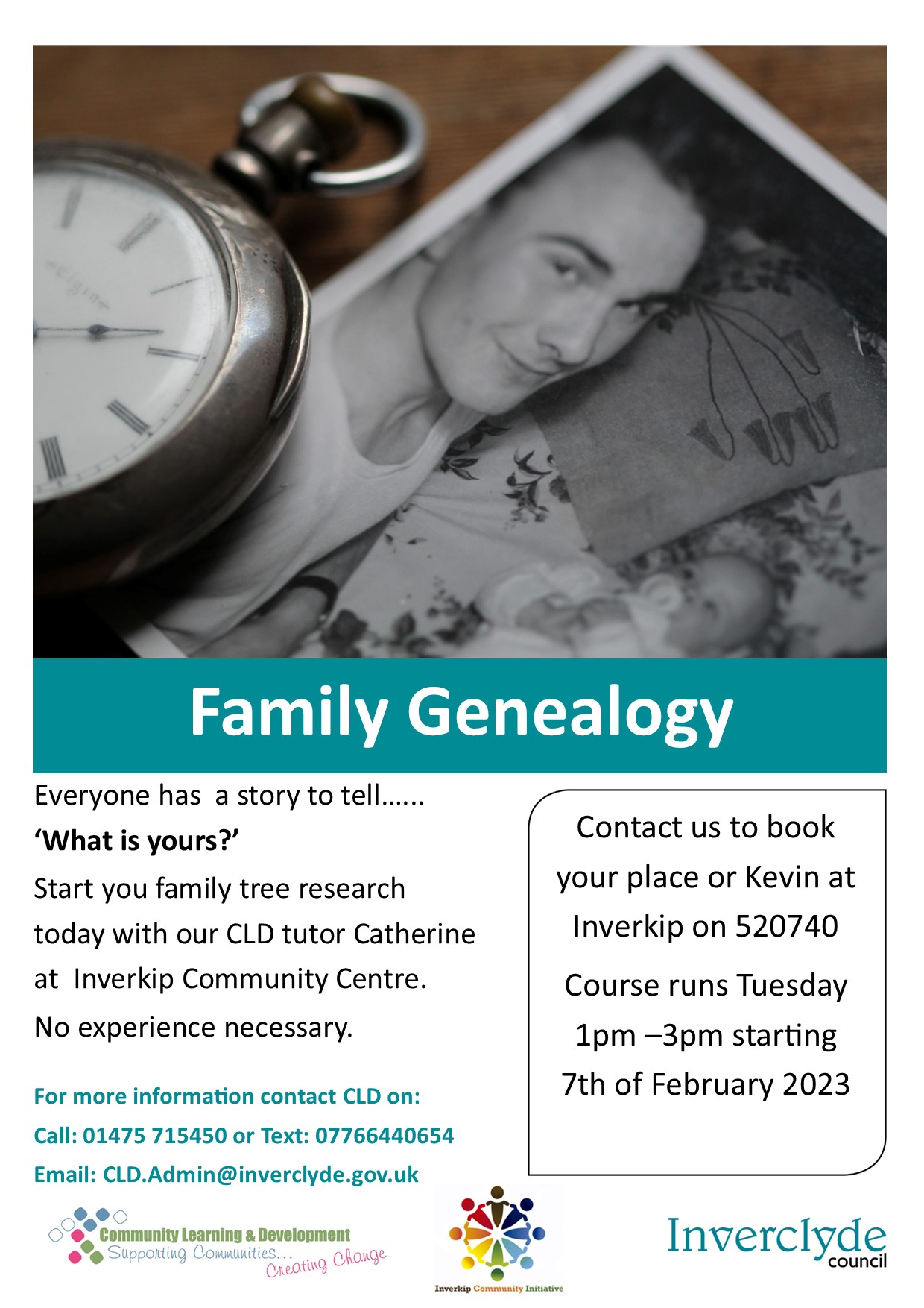 Genealogy class starting February 2023 in Inverkip centre, contact via telehphone, 01475 715450 for more information