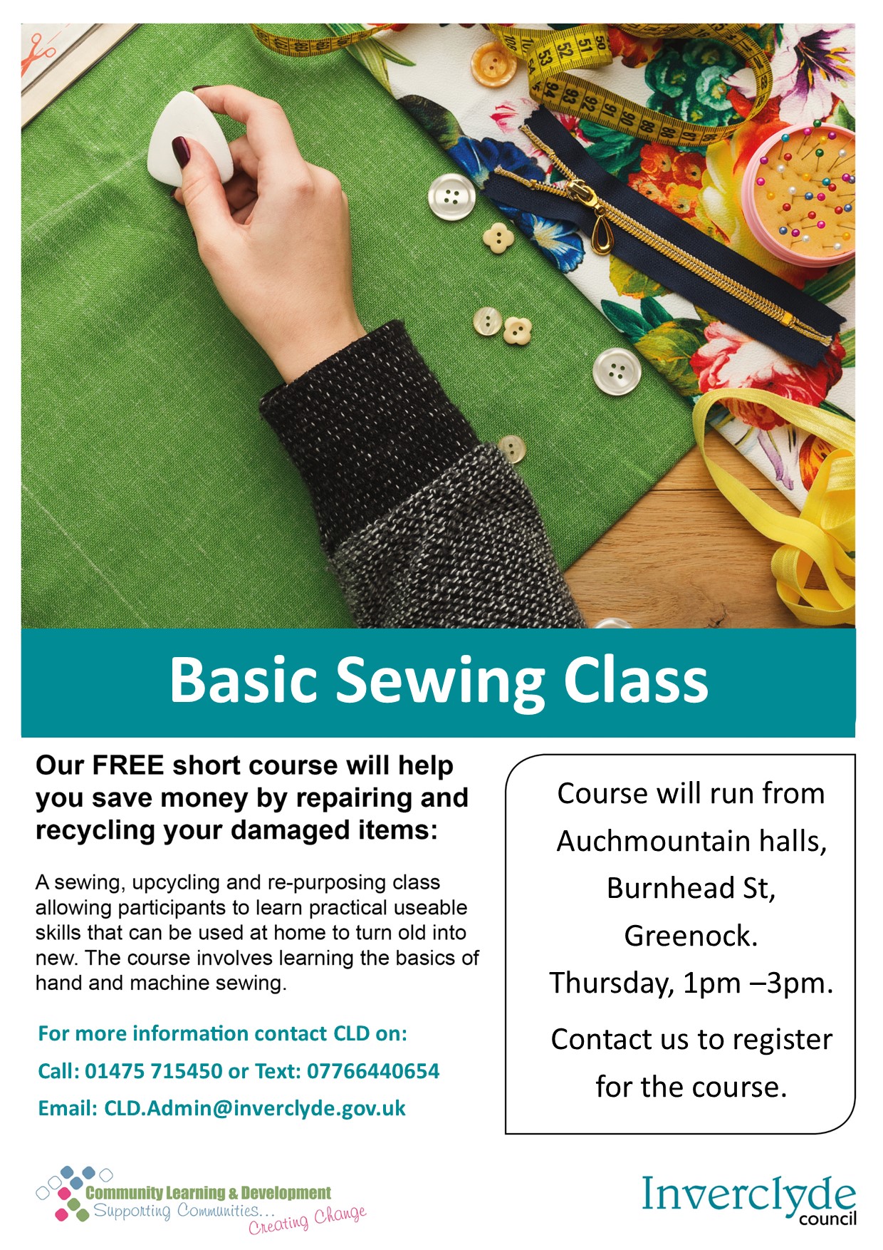 basic sewing class at Auchmountain Halls Thursdays 1pm -3pm